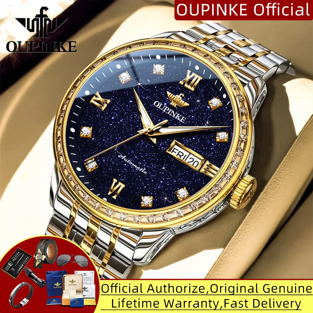 

OUPINKE 3258 мужские часы Galaxy с бриллиантовым циферблатом и двойным календарем, простые роскошные брендовые оригинальные автоматические механические часы для мужчин, новинка