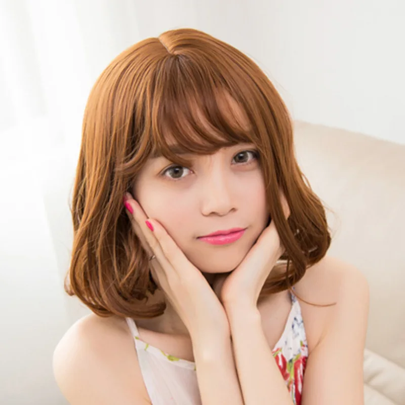 Fashionable women's short curly wig, bob style wig with air bangs