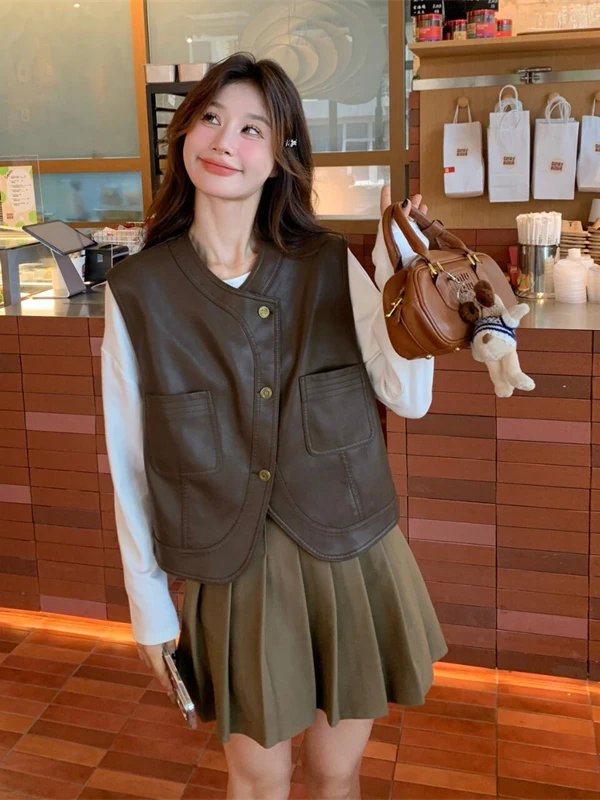 

Café Brown Single-Button Sleeveless Vest Women's Autumn 2025 Korean Style Versatile Layerable PU Leather Vest Jacket