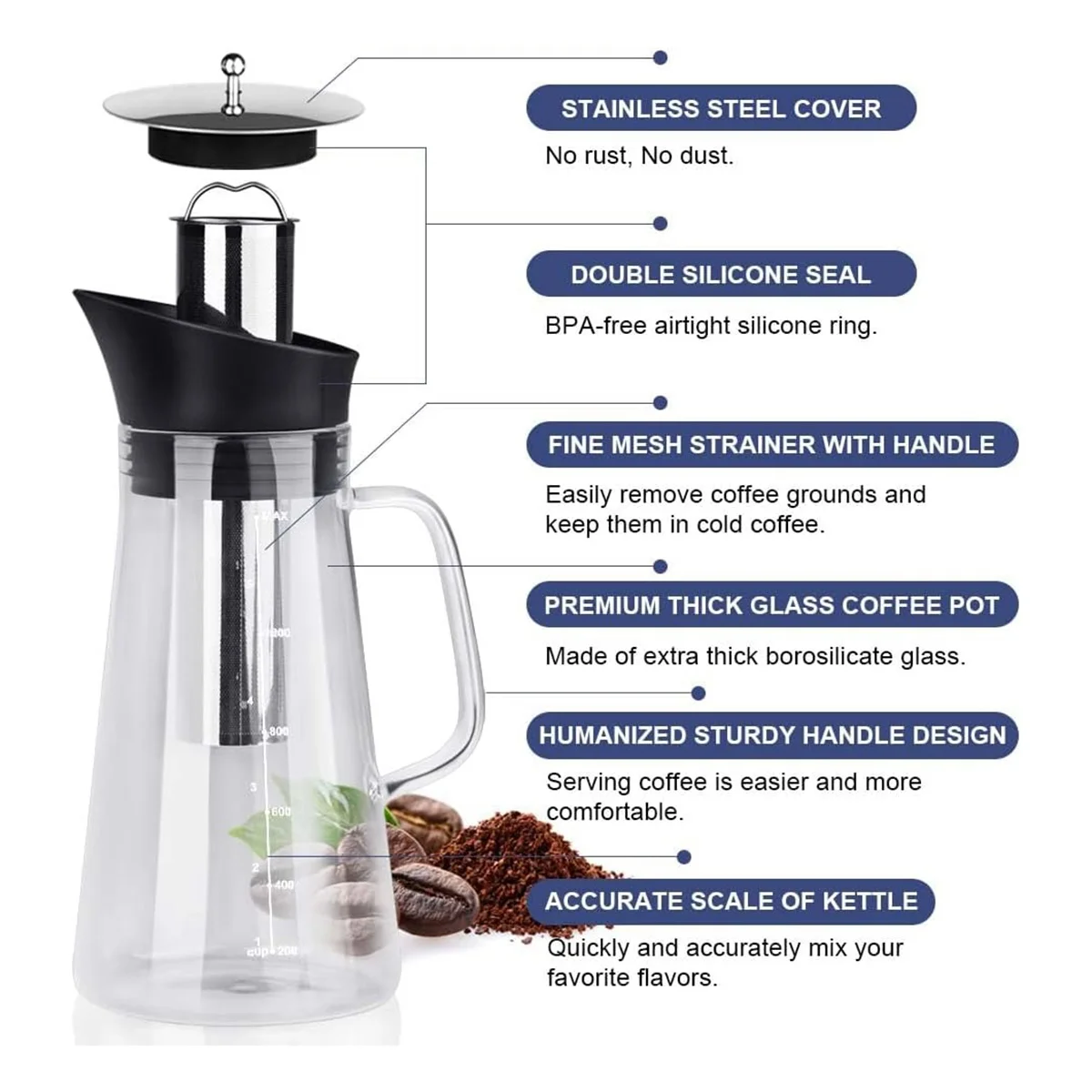 Cold Brew Coffee Maker, Iced Coffee Maker Machine, Cold Brew Tea Pitcher Durable Glass and Airtight Lid Coffee Pot 1.2L