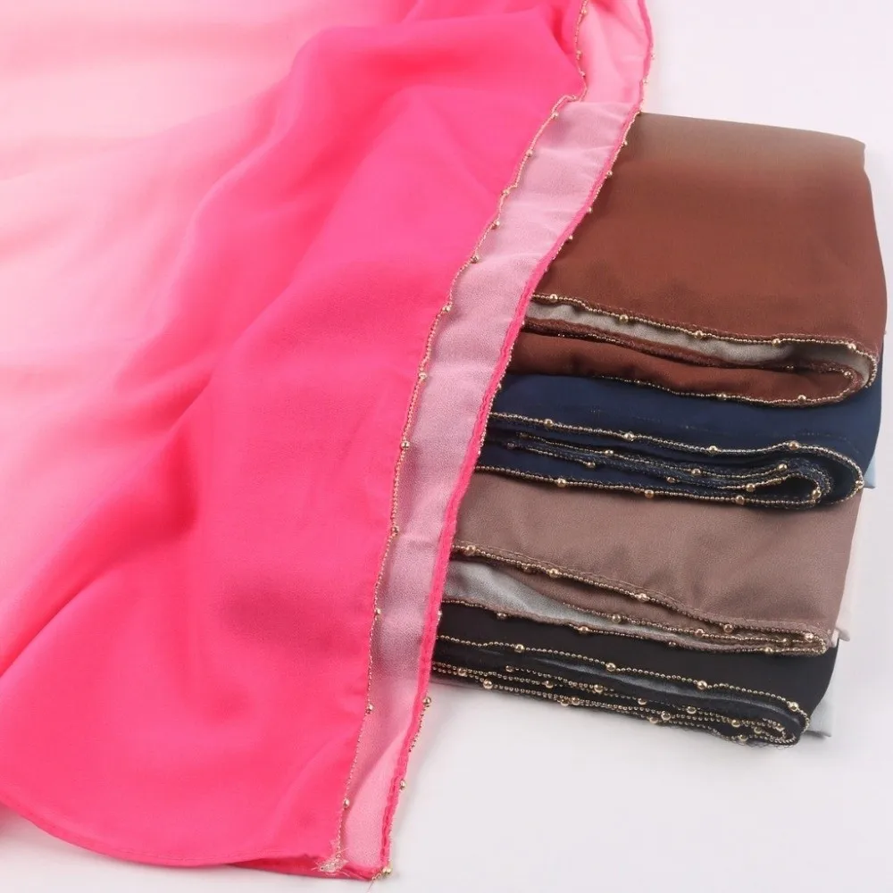 موضة التدرج مزدوجة الألوان العرقية نمط وشاح الخرز سلسلة الذهب حبة الإسلامية عمامة رقيقة باندانا يلتف شال الإناث #3