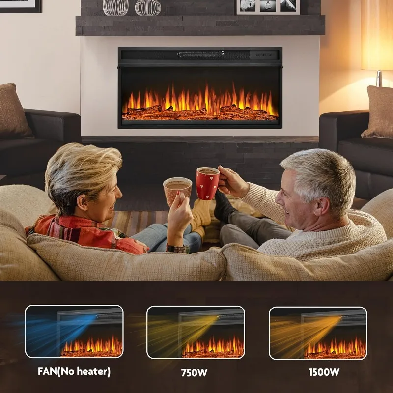 Electric Fireplace Insert with Remote Control,Adjustable Flame and Ember Bed Colors,Low Noise,Overheating Protection,750/1500W