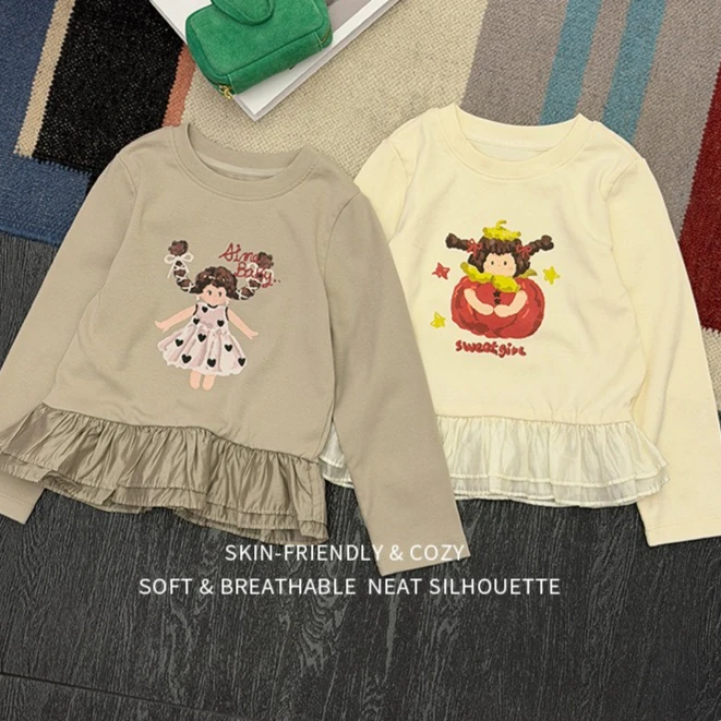 Girls T-shirt 2026 Spring and Autumn New Childrens Clothing Korean Girl Baby Fashion Cartoon Fake Two Lotus Leaf Yarn T-shirt