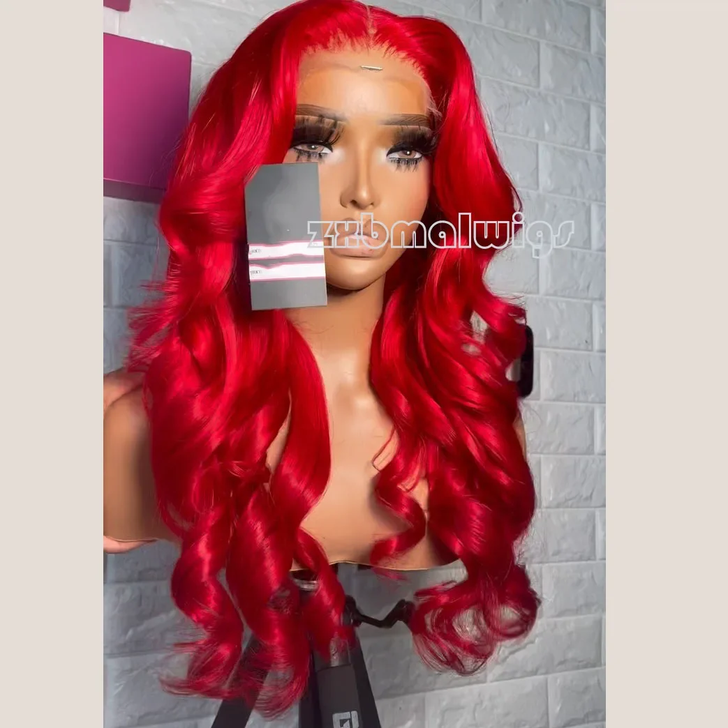 QW Synthetic Hair Lace Front Wig For Women Bright Red Long Body Wave Preplucked Glueless  Heat Temperature Daily Cosplay