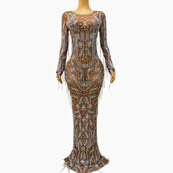 Sexy Sparkly Silver Rhinestones Long Sleeves Crystals Chains Dress Brown Mesh Birthday Celebrate Performance Photoshoot Dress
