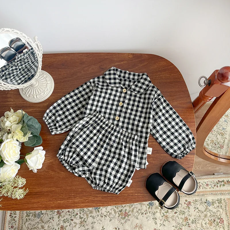 2023 Fashion Plaid Baby's Sets Korea Spring Autumn 2Pcs Boys Girls' Top Shorts Plaid Set Newborn Clothes  0-24Months