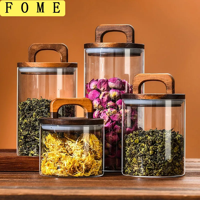 

FOME Glass jar Airtight Canister Food Container Wood Lid Tea Coffee Beans Kitchen Storage Bottles Jar Sealed Grounds Candy Jar