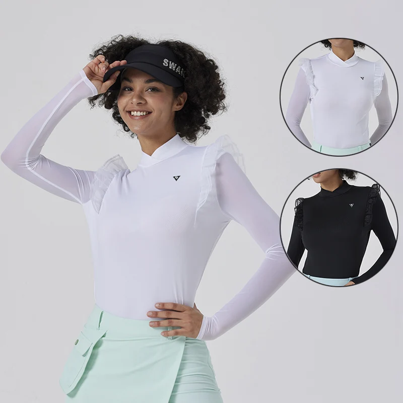 

SG Women Sunscreen Ice Silk Golf Shirt Ladies Quick Dry Anti-sweat Tops Korean Style Lace Ruffle Sleeves T-shirt Golf Clothing