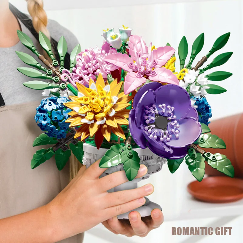 Kreatywny zestaw klocków 1081 elementów Ogród Kwiatowy Bonsai Dekoracja Domu Wieczny Bukiet Kwiatów Klocki MOC Zabawki Prezent na Walentynki