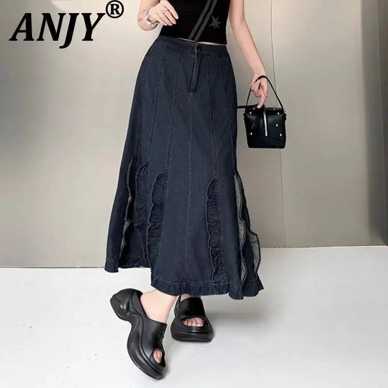 

ANJY Spring Summer New Women Washed Vintage Fashion Fungus Patchwork Denim Skirt Dark Style High Street Ins Casual Skirts A23732