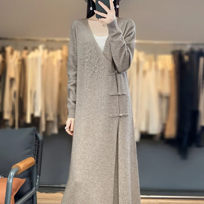 Chinese Style Dresses 100% Cashmere and Wool Knit V-neck Jumpers 2023 New Fashion Winter Lady  Pullovers NJ01