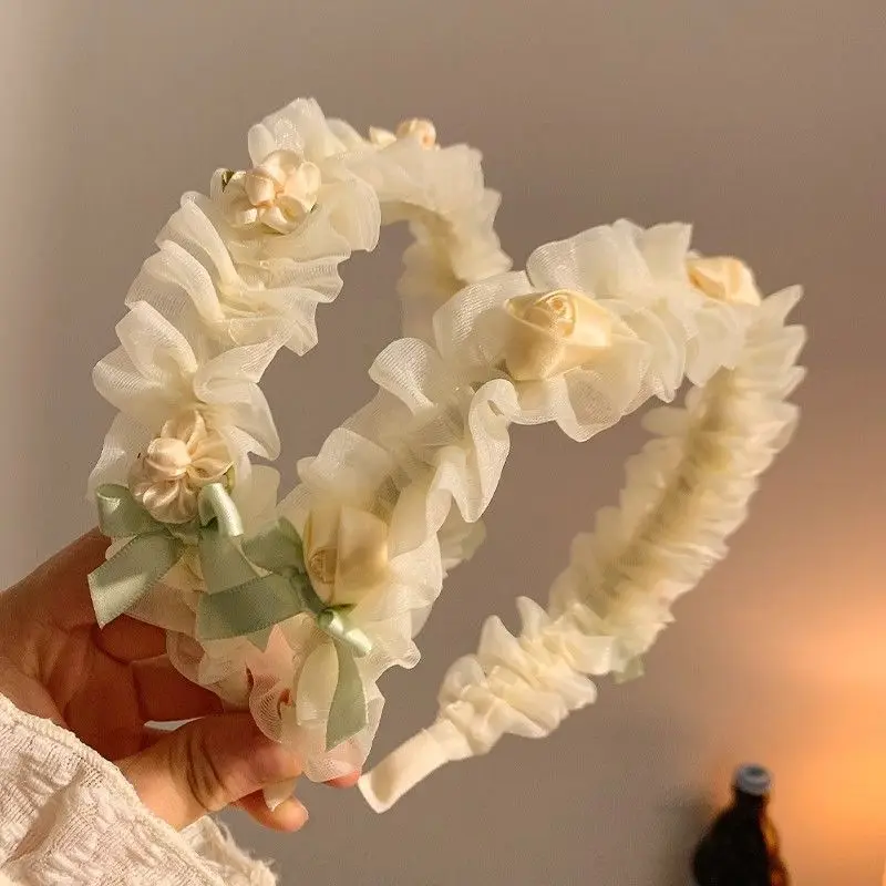 

BYL New Spring and summer Collection Mesh Gauze Headband Jasmine Flower Sweet Creamy Color Hair Band Accessories for Women Girl
