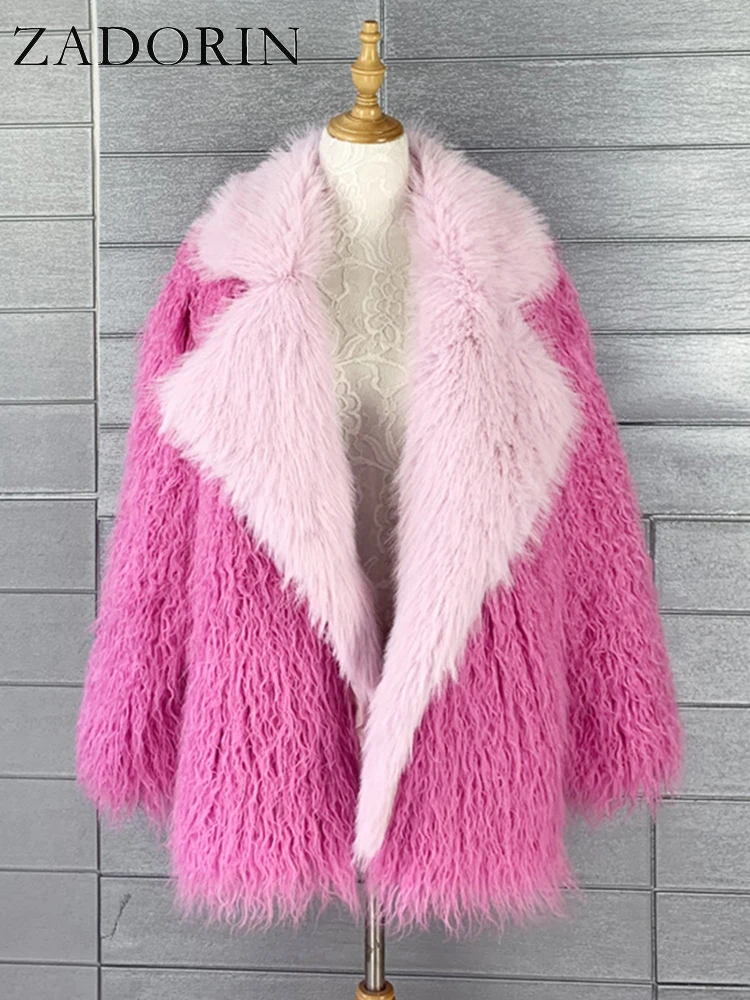 ZADORIN High Quality Fluffy Faux Mongolia Sheep Fur Coat Women Elegant Lapel Mid Long Barbie Pink Jacket Winter Fur Coats Women