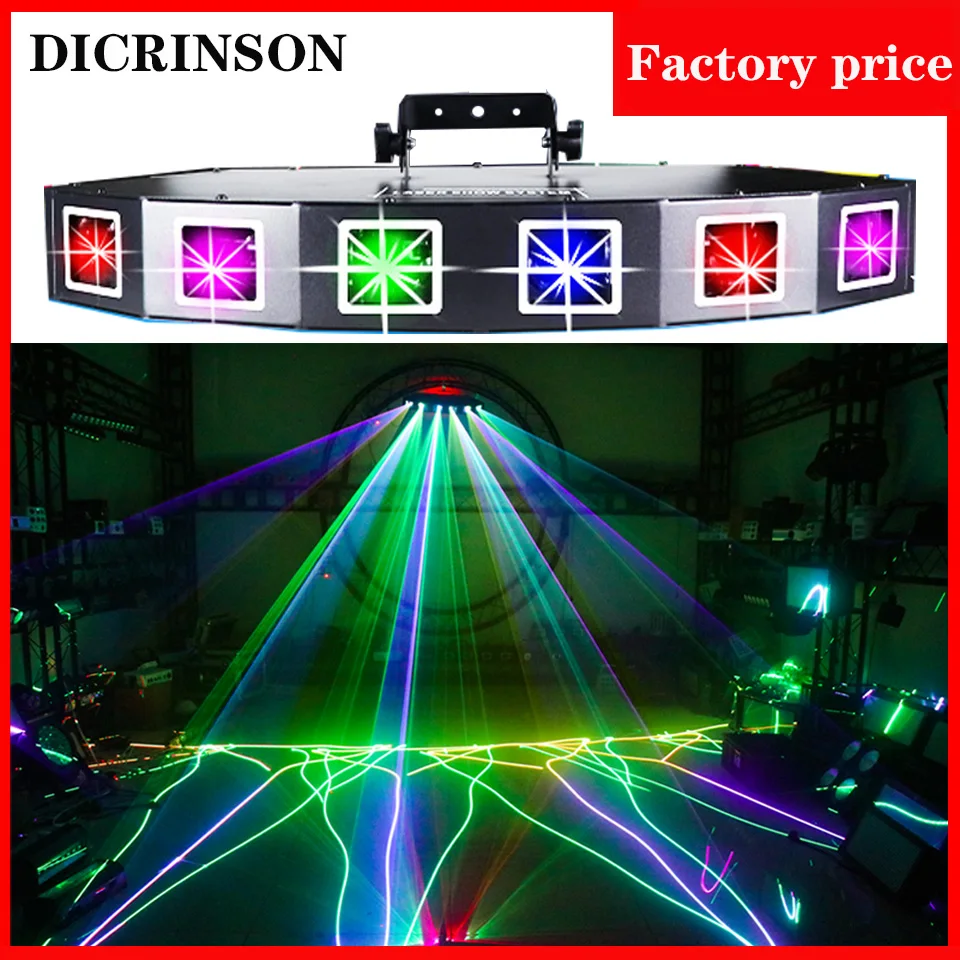 DJ Full Color Lasers 6 Eyes Fan-shaped Laser Light DMX Sound Control Line Scanning Effect Stage Lighting Projector for Disco Bar