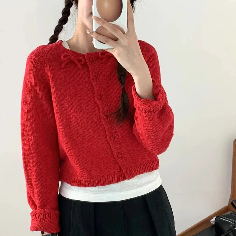 New Sweet Women Sweater Korean Bow Kawaii Female Casual Cardigan Autumn Preppy Style Skew Button O Neck Ladies Crop Tops