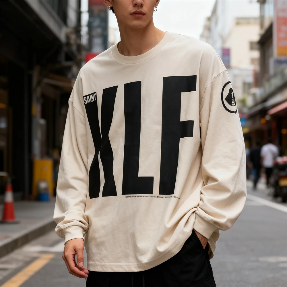 

KUCLUT 1:1 Best Quality Vintage Long Sleeves Tee Printed Oversize Clothing Tops Casual Loose 100%Cotton T-Shirt For Men