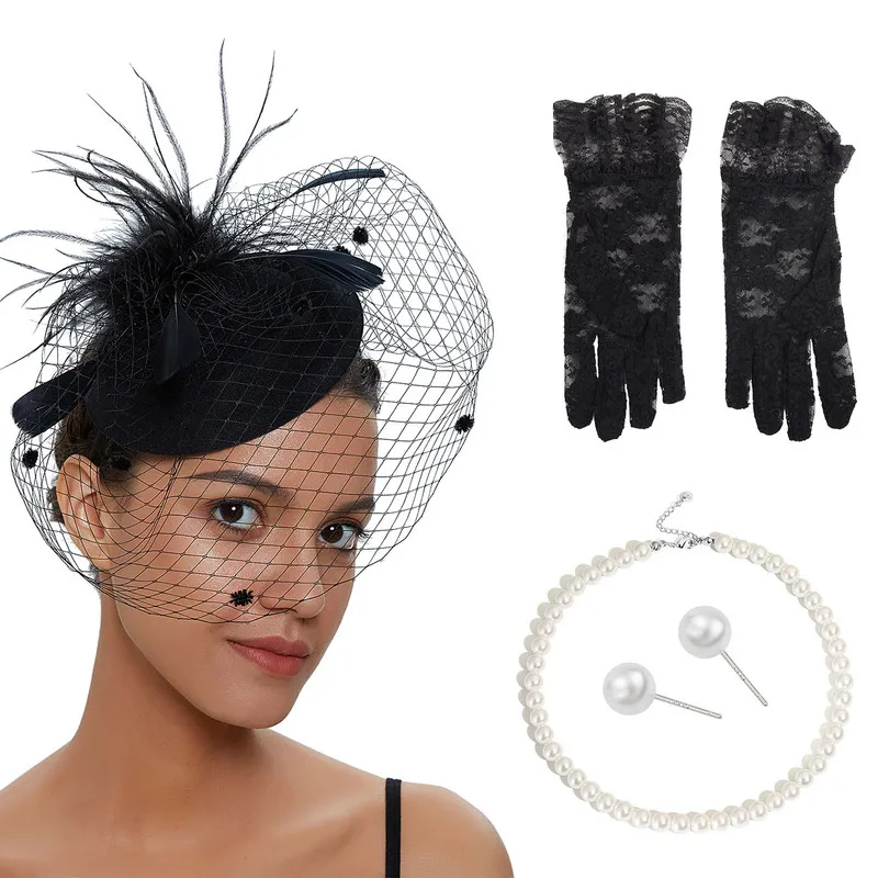 20&50 vintage , artificial feather mesh hats, cocktail tea party headwear and women's short lace gloves
