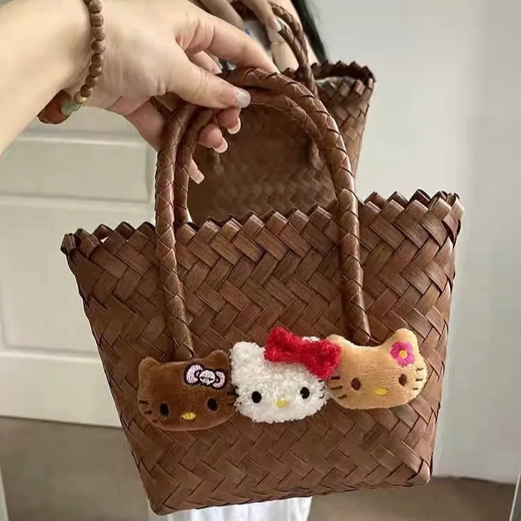 Hello Kitty Summer Black Skin Woven Tote Bag Girl Fashion KT Imitation Rattan Woven Shoulder Bag Handcrafted Cute Basket Handbag