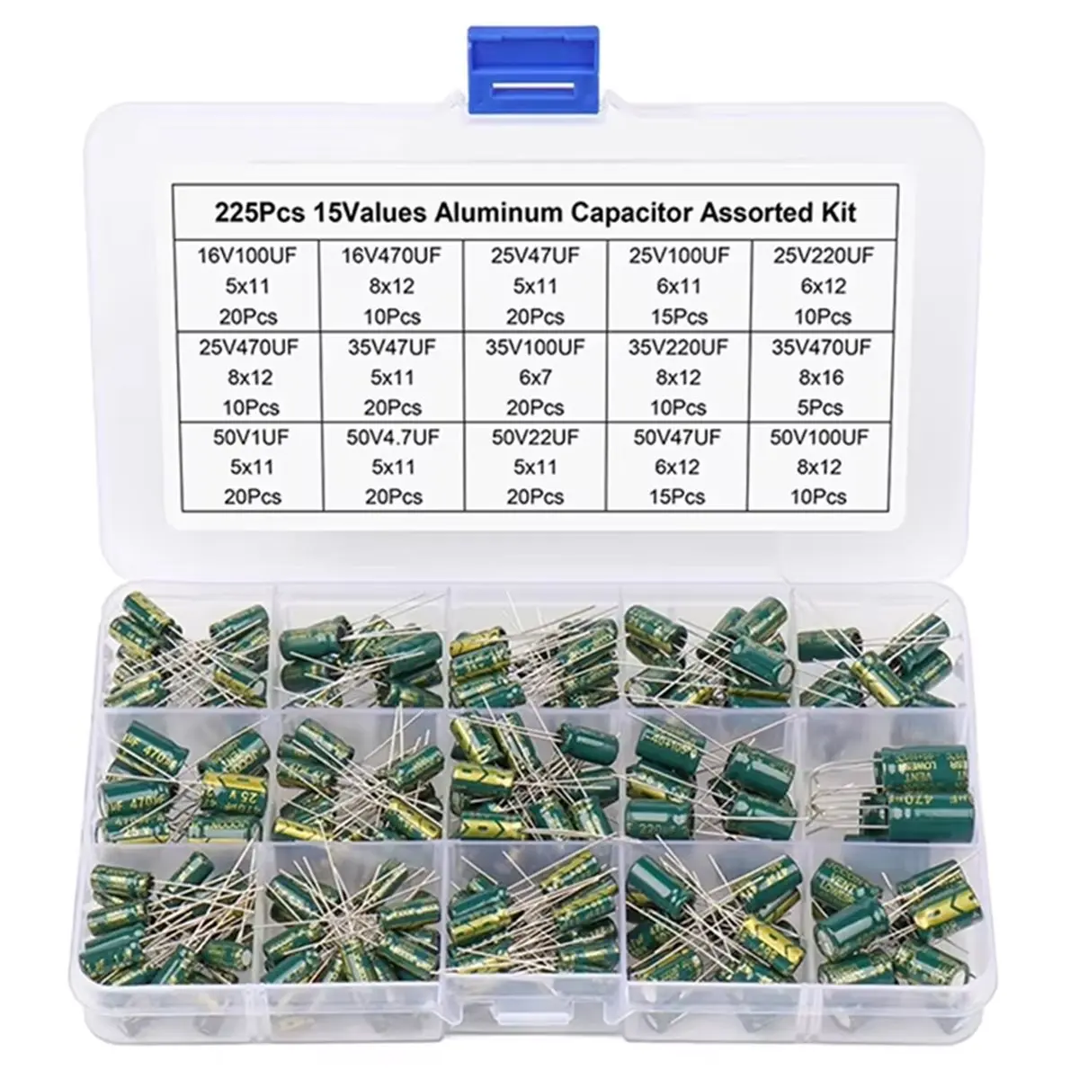 15 Values 225Pcs Aluminum Electrolytic Capacitors High-Frequency Through-Hole Assortment Kit for DIY Projects
