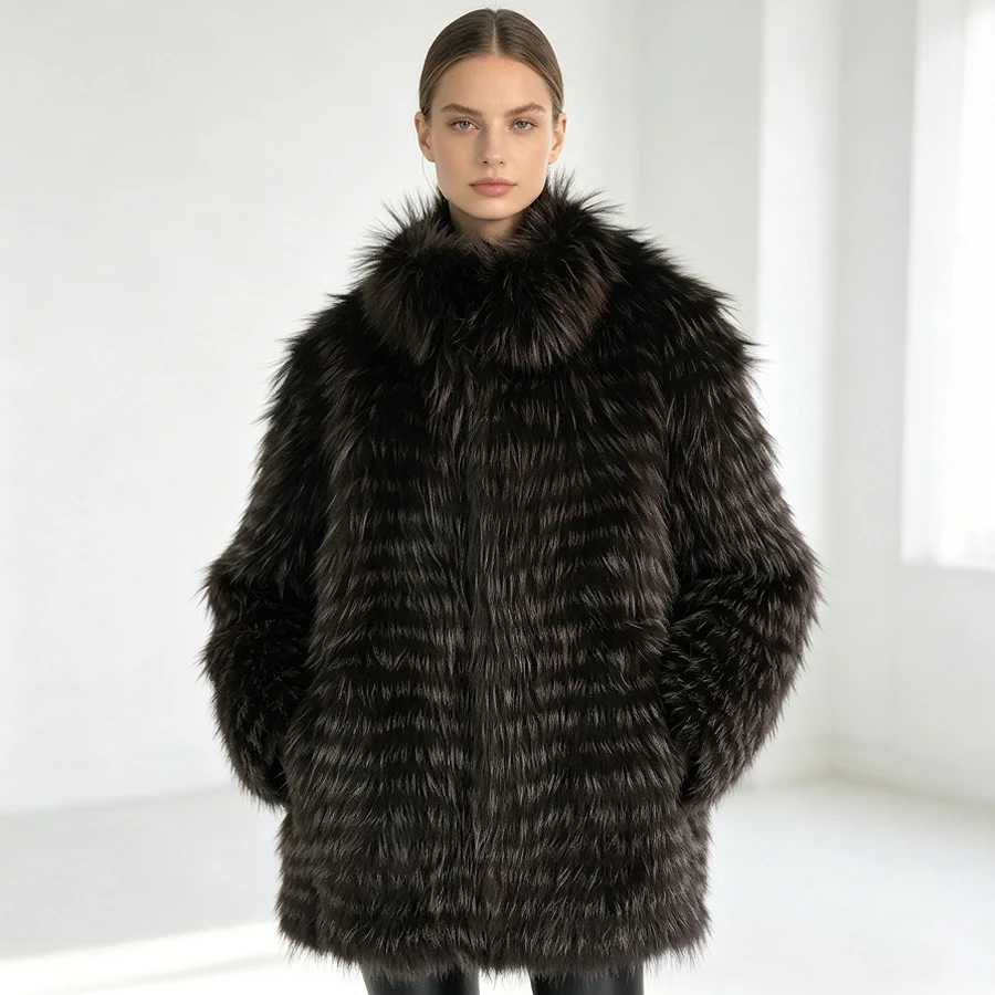 Winter Real Fur Coat Silver Fox Fur Jacket Womens Long Fur Coat Female Fashion New Arrival