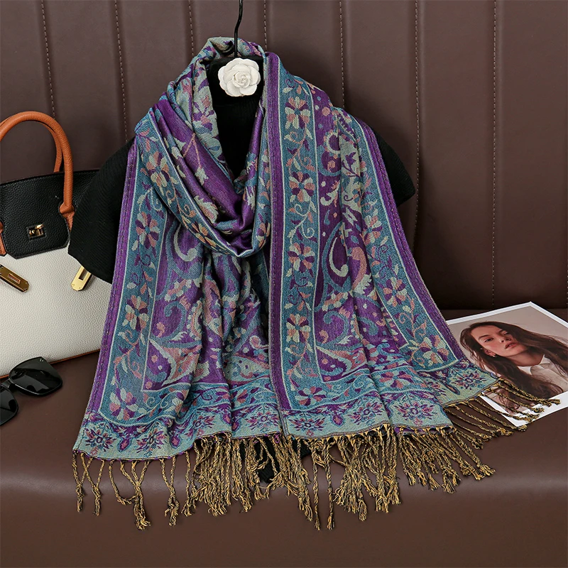 Ethnic Style Outdoor Women Retro Jacquard Scarf Thick Cashmere Tassel Shawl Winter Warm Neck Wrap Pashmina Floral