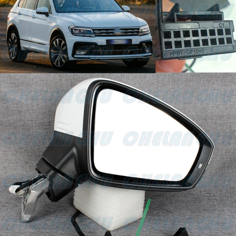 For VW Tiguan 2017 2018 2019 2020 2021 2022 2023 LHD Right Side 9 Pins white painted Electric Fold Puddle Lamp Mirror Assembly