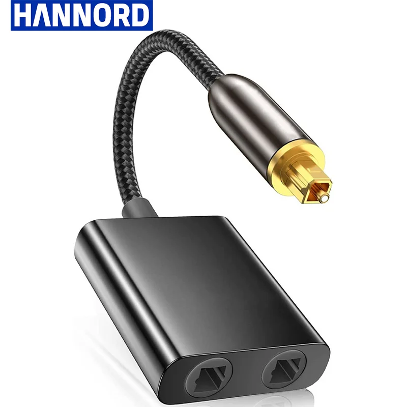 Hannord Toslink Optical Fiber Cable Splitter 2 in 1 SPDIF Audio Fiber Coverter Gold Plated Connectors for PS5 PC HDTV DVD