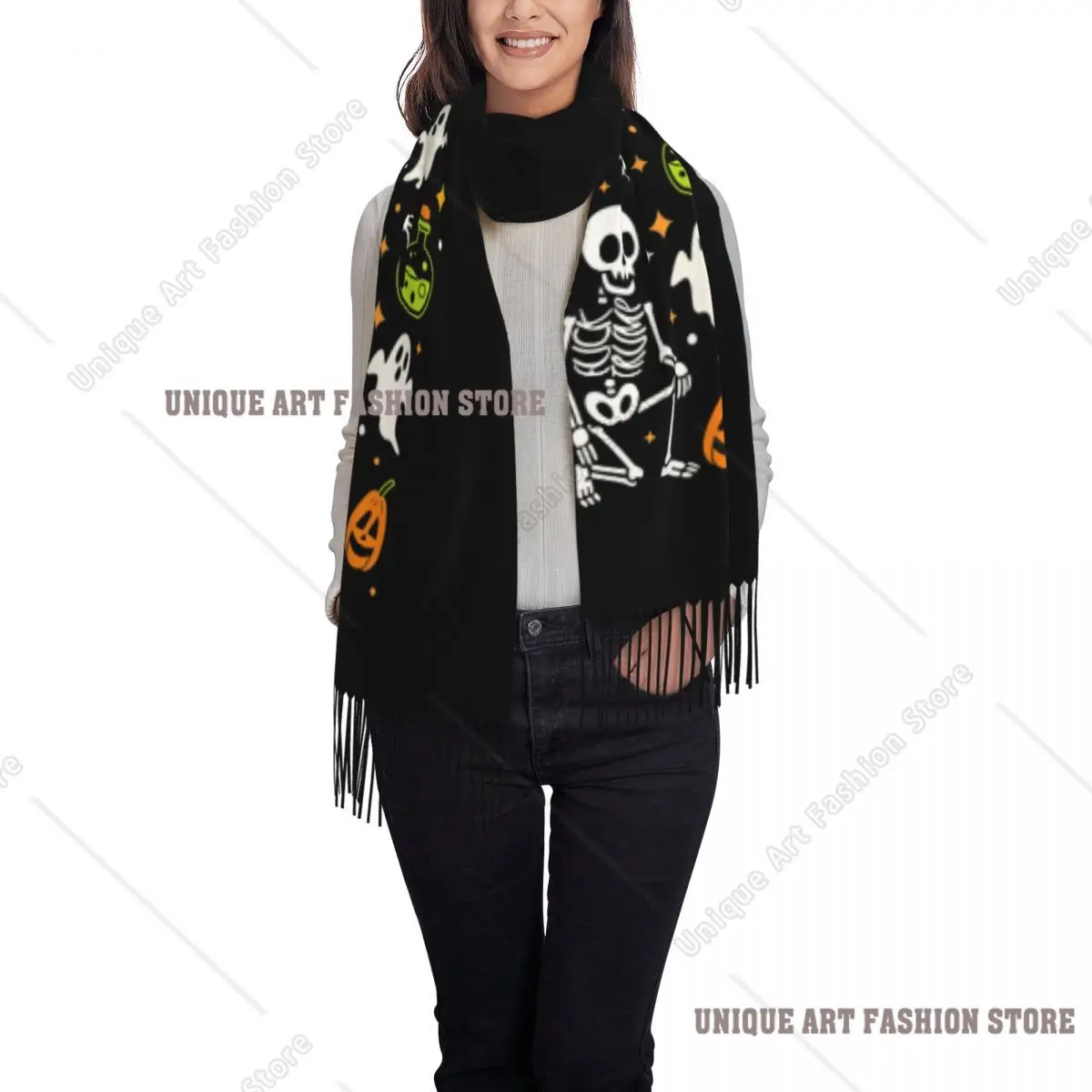 Custom Halloween Skeletons Ghosts Pumpkins Spiders Web Pattern Tassel Scarf Women Winter Fall Warm Shawl Wrap Female Scarves