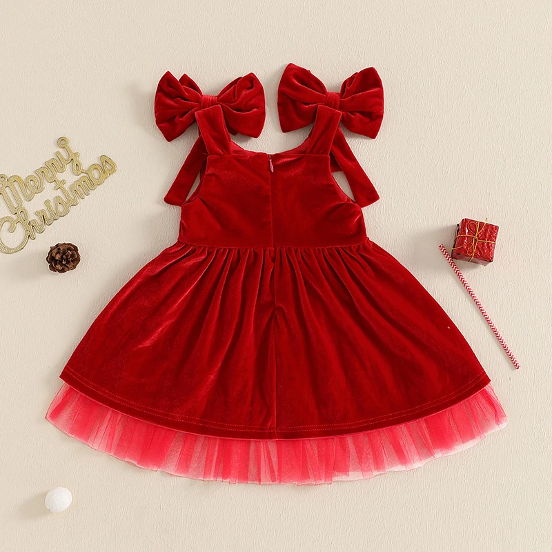 Girls Christmas Dress Sleeveless Tie-up Solid Slip Dress Princess Velvet Dress for Casual Daily