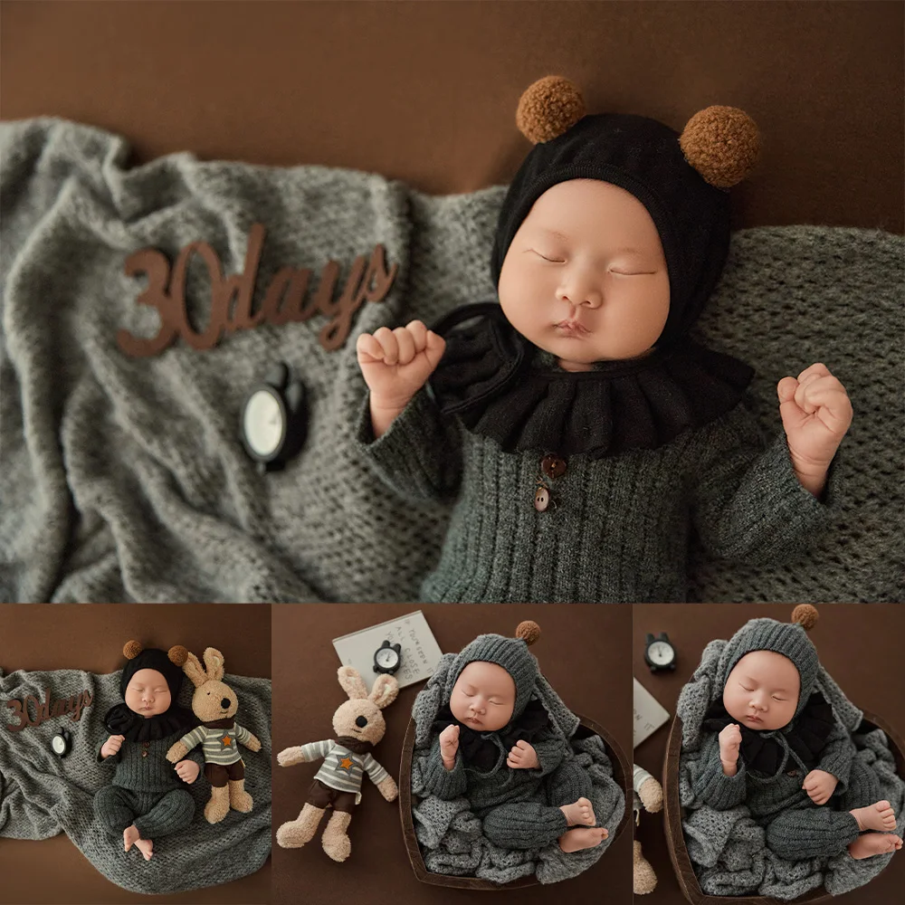 Cute Baby Costume Round Neck Knitted Jumpsuit+Hat Set Black Fur Ball Cap Bunny Doll Photography Clothes Props Studio Accessories