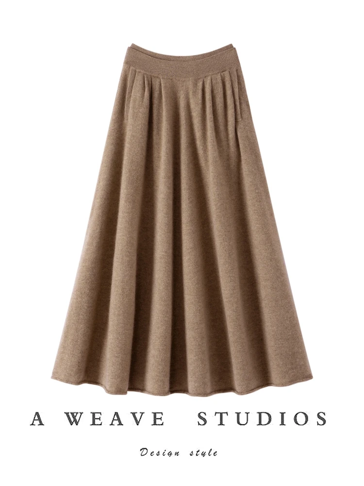 

Chic High Quality A-line Midi Pocket Skirt Women Simple Style Autumn Winter High Strecth Thick 100% Cashmere Soft Knitted Skirt