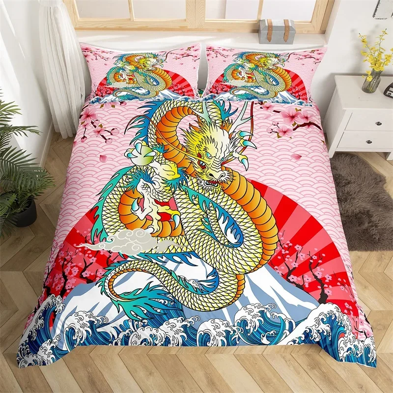 Dragon Duvet Cover Japanese Ocean Wave Bedding Set Cherry Blossom Comforter Cover Microfiber Single Double King Bedspread Cover