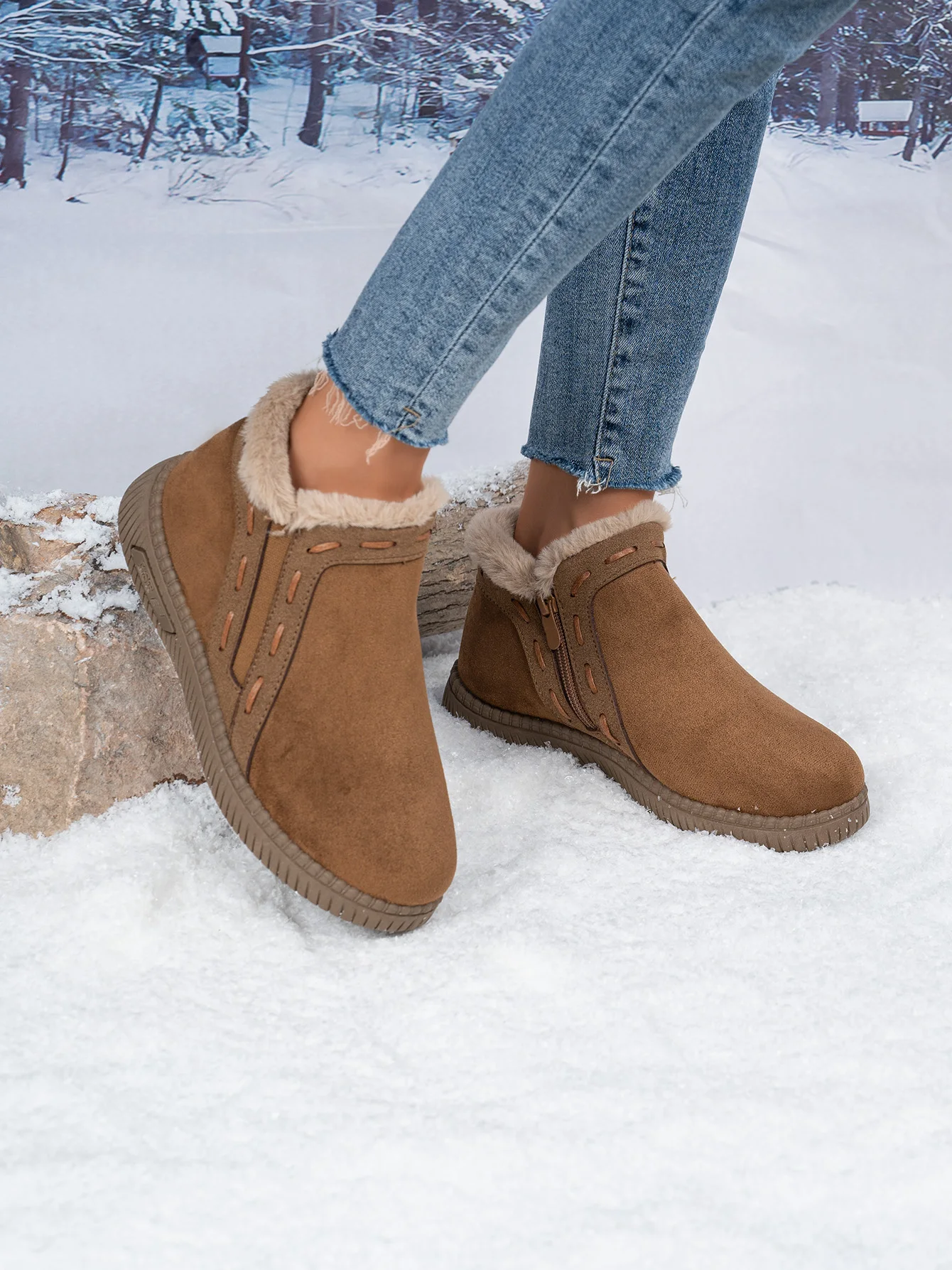 Damen-Winterstiefel Braun Damen-Knöchelstiefel mit seitlichem Reißverschluss, warm gefüttert mit Fleece, rutschfeste flache Schneestiefel für den täglichen Outdoor-Gebrauch. – Detail 12