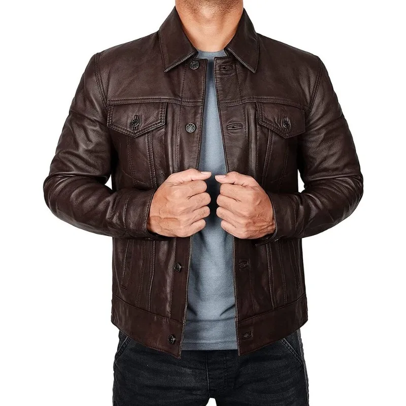 Men's Trucker Jacket Genuine Lambskin Leather Denim Jean Style Moto Biker Jacket