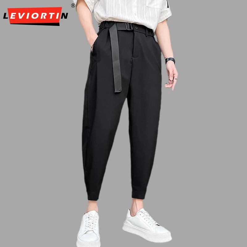 Spring Summer Men Solid Casual Cropped Pants Belt Slim Adjustable Leg Trousers Streetwear England Style Thin Pantalon