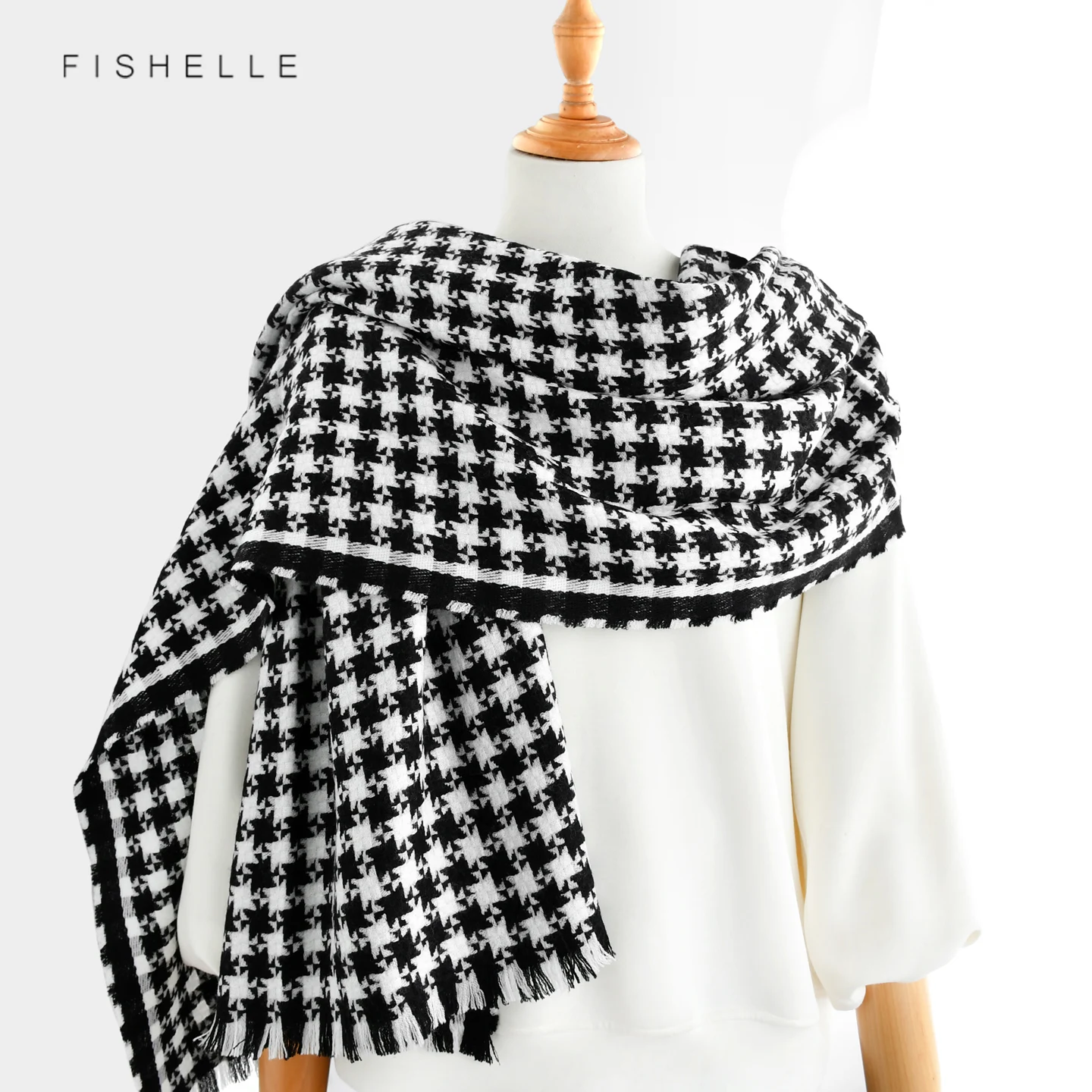 

Black and White Checkered 100% Wool Scarf Women Men Autumn Winter Shawl Warm Long Wrap Luxury Neckerchief Tatting Pure Wool