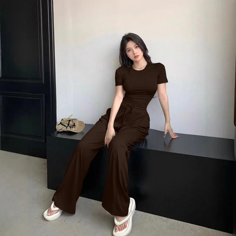 Minimalist Solid Women‘s Lightweight Cotton Blend Two-Piece Set, Slim Fit Short Sleeve Top & Straight Wide Leg Pants, Breathable