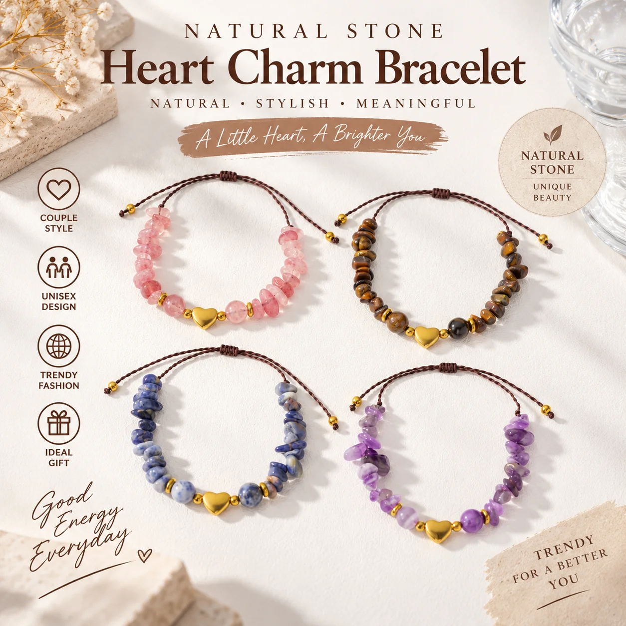 Natural Tiger Eye Strawberry Quartz Chip Stones Heart Bracelet Charm Jewelry With Gift Card Pouch For Women Fashion Handmade