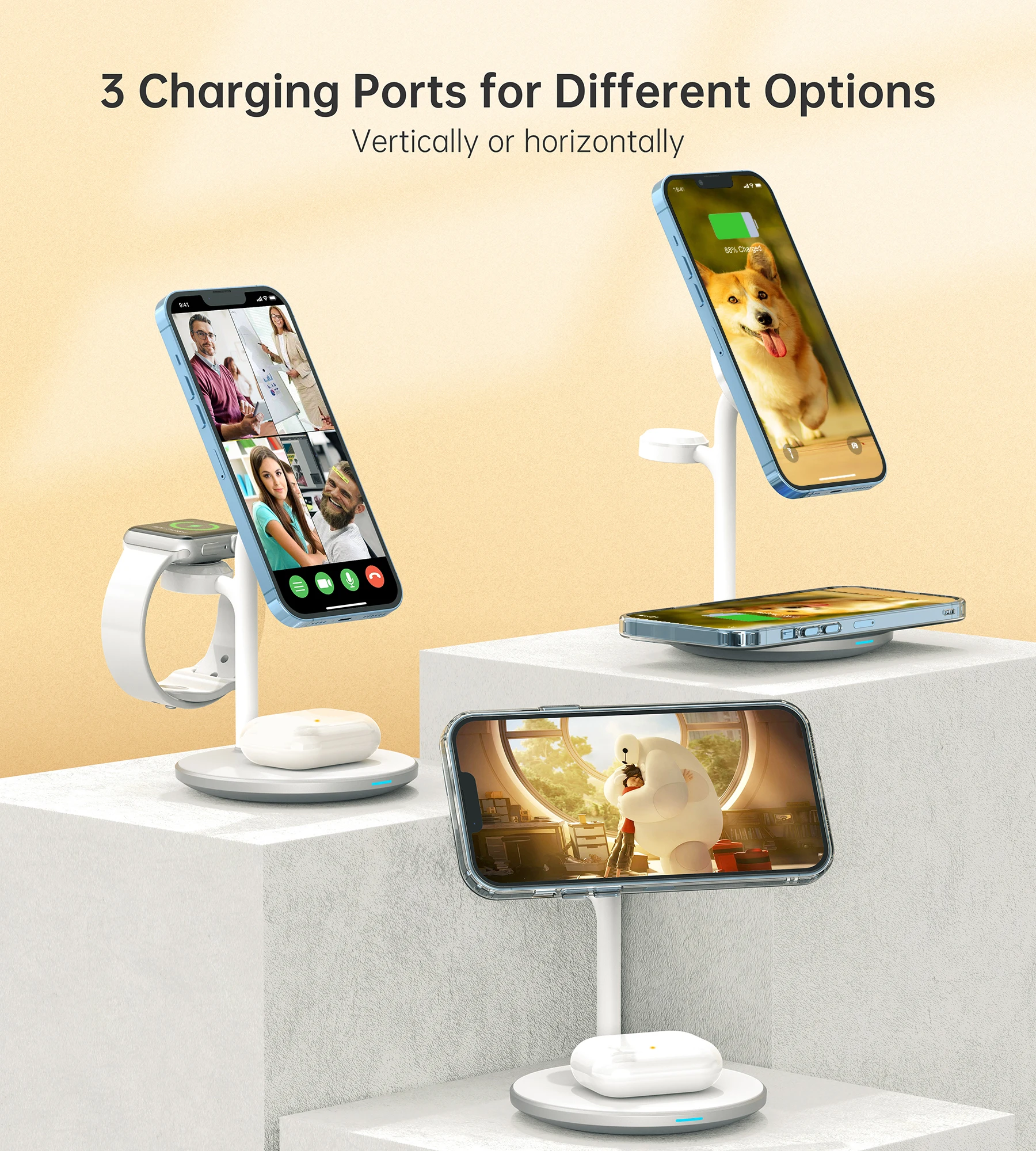 3 في 1 محطة شحن لاسلكية سريعة لاسلكية Mag-Safe شاحن حامل آيفون 16 15 14 13Pro Max/Plus/Pro/Mini، iWatch Ultra