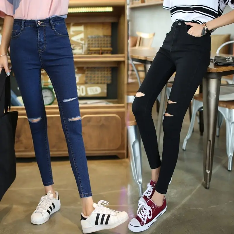 High Waist Ripped Skinny Jeans Women's New Style Korean Version Casual Cotton Stretch Denim Pure Color Slimming Pencil Pants