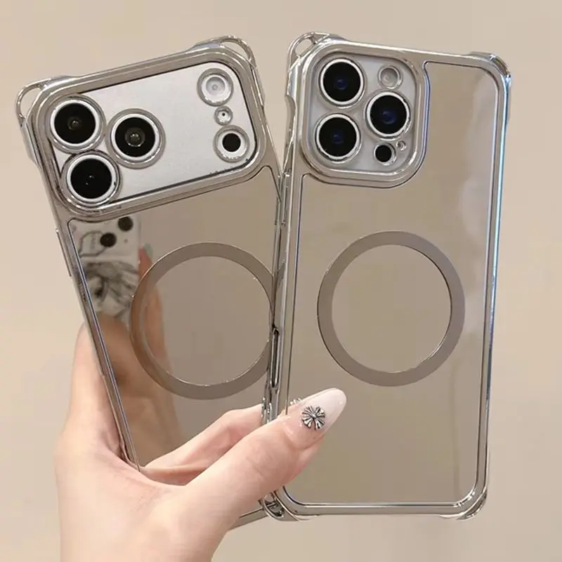 Glossy Electroplated Makeup Mirror Phone Case for 17 Pro Max Wrist Chain Magnetic TPU Protective Cover for iPhone 16 15 14 13