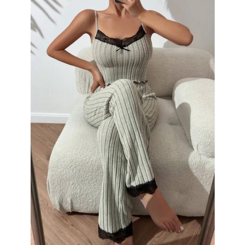 Luxury Women's Sexy Lace Edge Design Camisole Top Heart-shaped Camisole Ves Pajamas Can Be Worn Outside Pants Two-piece Set