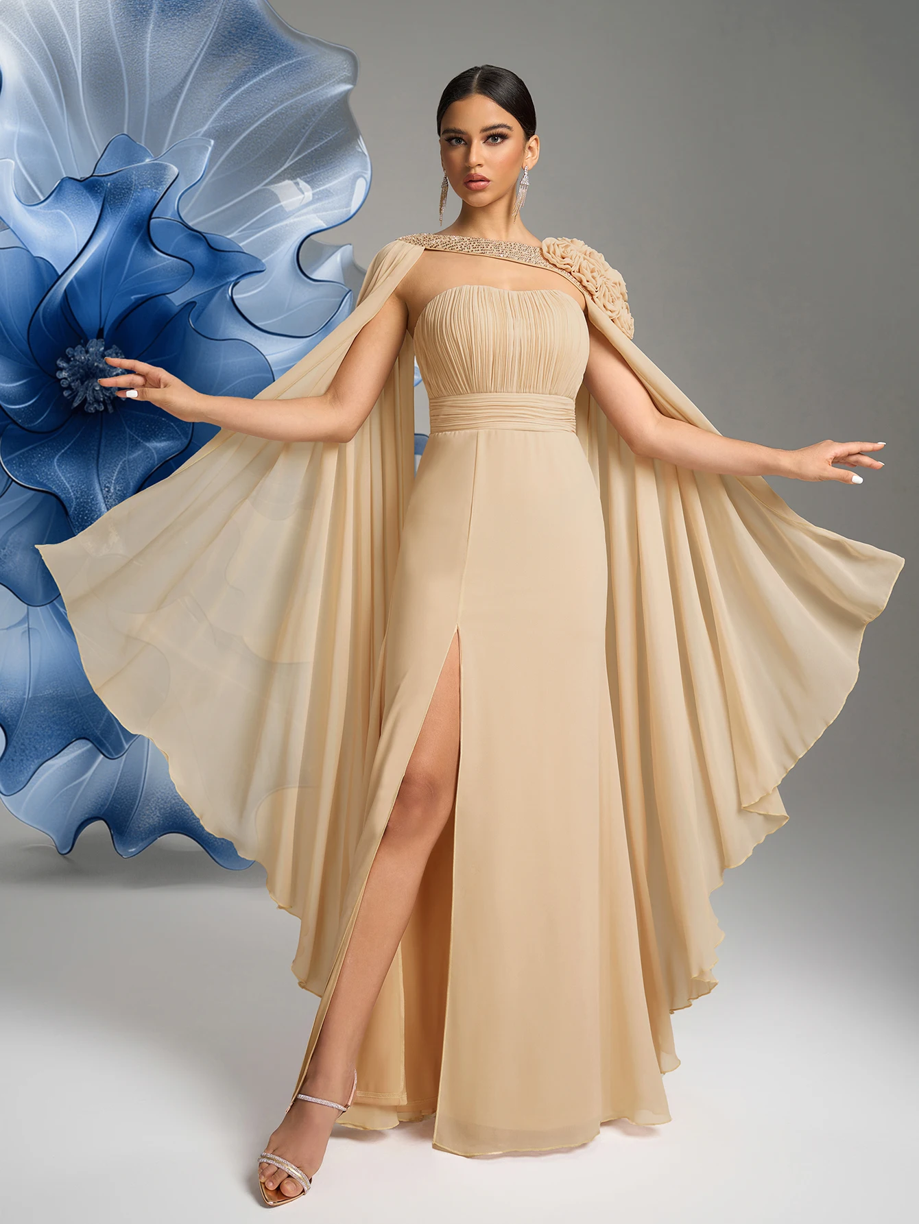 فستان سهرة نسائي من UNITHORSE بأكمام طويلة وفتحة زهور ثلاثية الأبعاد #4