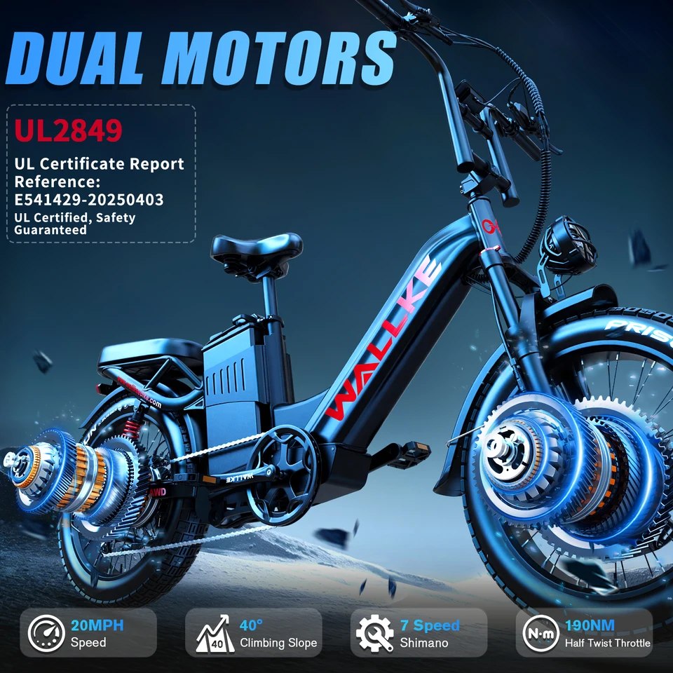 W Wallke H7 AWD Dual Motor Electric Bike for Adults, 48V 40Ah Long Range Ebike, Fast E-Bike, 20''x4'' Fat Tire Electric Bicycle, UL2849 image 4