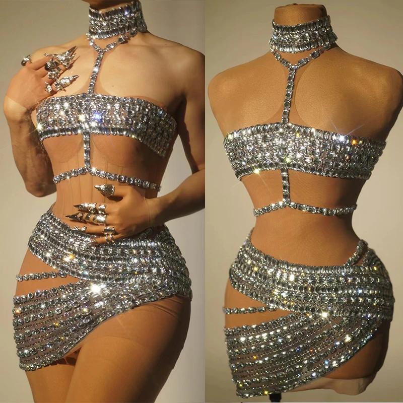 

Rhinestone Nightclub Costume Sexy Woman Slim Dress Party Dress Rave Outfit Gogo Dancer Clothing Singer Performance Wear VDL85