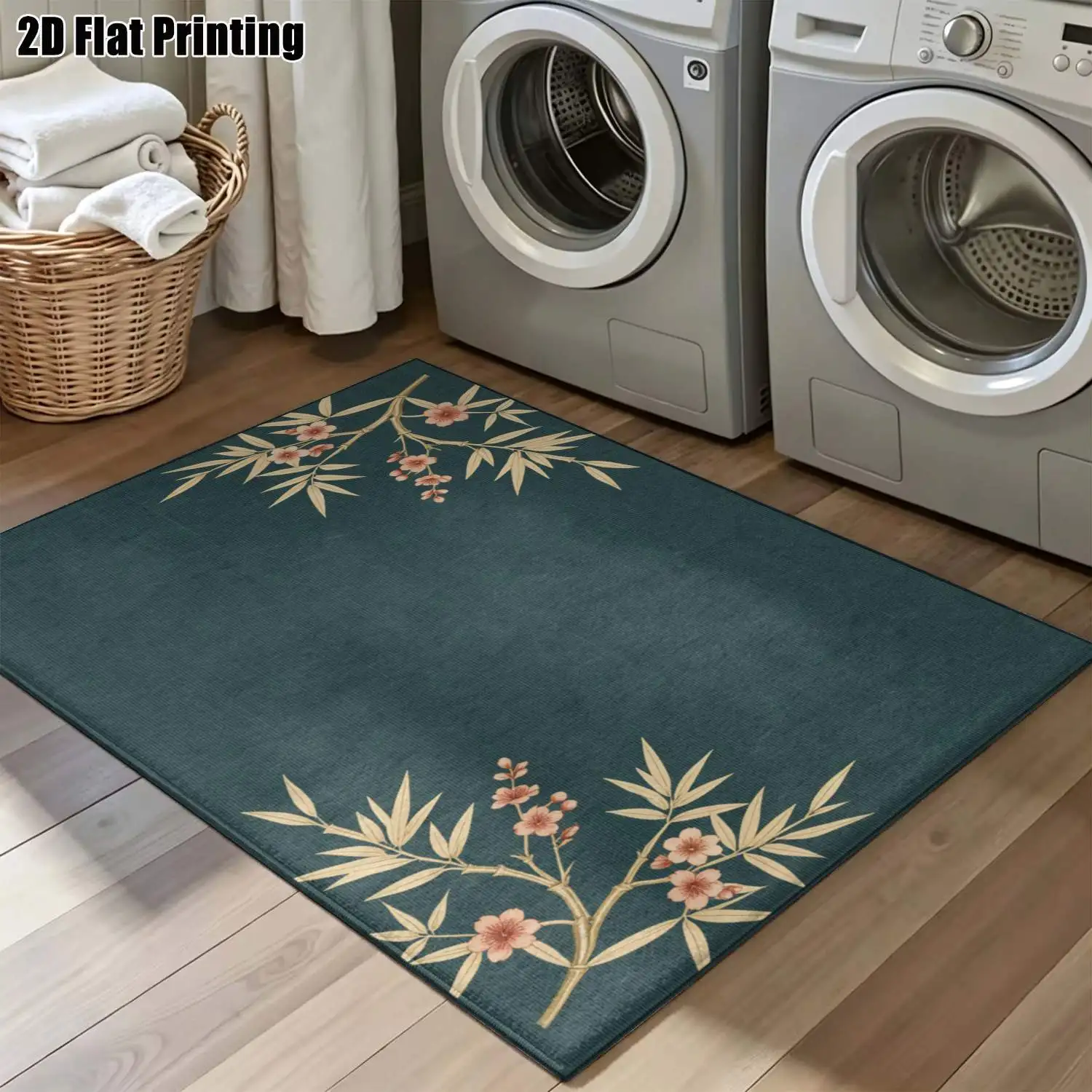 1Pc 2D Printed Carpet: Dark Green Base, Bamboo-Plum Blossom Pattern, Retro/Minimalist/Instagram Style, Washable, Multi-Size, Ideal for Home Decor Scenes Such as Entryway, Dining Room, Bedroom, Etc