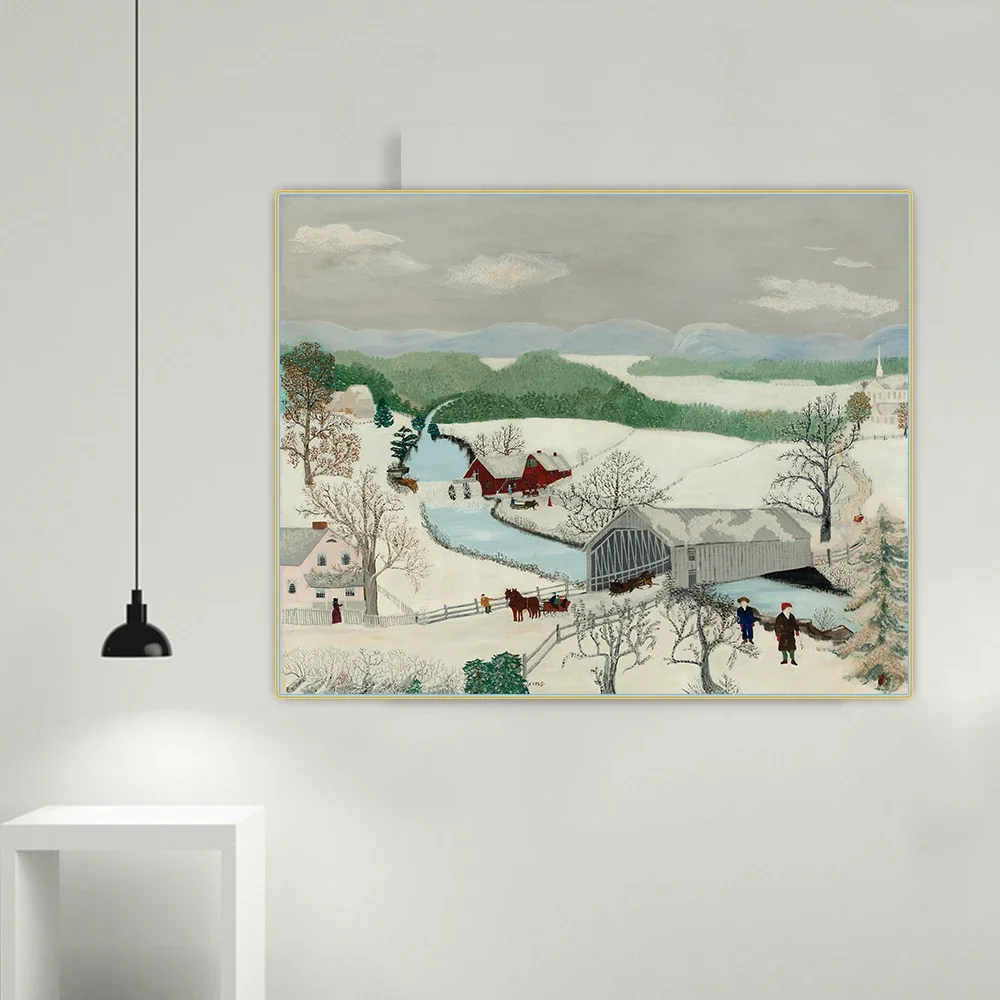 Anna Mary Robertson Grandma Moses《The last covered bridge》Canvas Oil Painting Art Aesthetic Picture Wall Decor Home Decoration