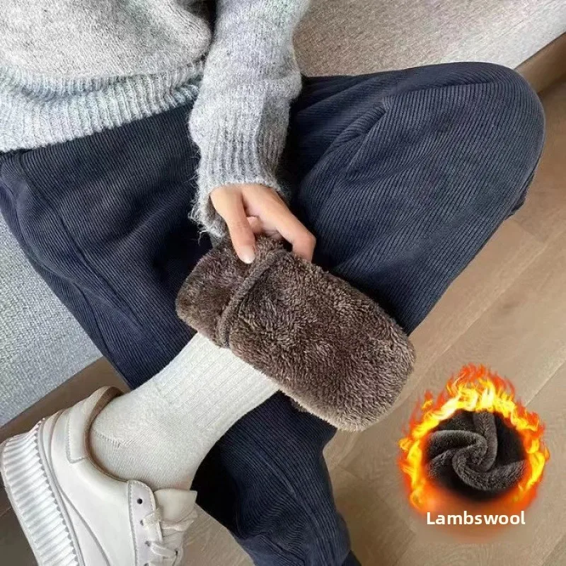 여성용 겨울 두꺼운 플리스 안감 와이드 레그 팬츠 스트레이트 컷 스네일리르 울 코튼 바지 하이 웨이스트 롱 팬츠