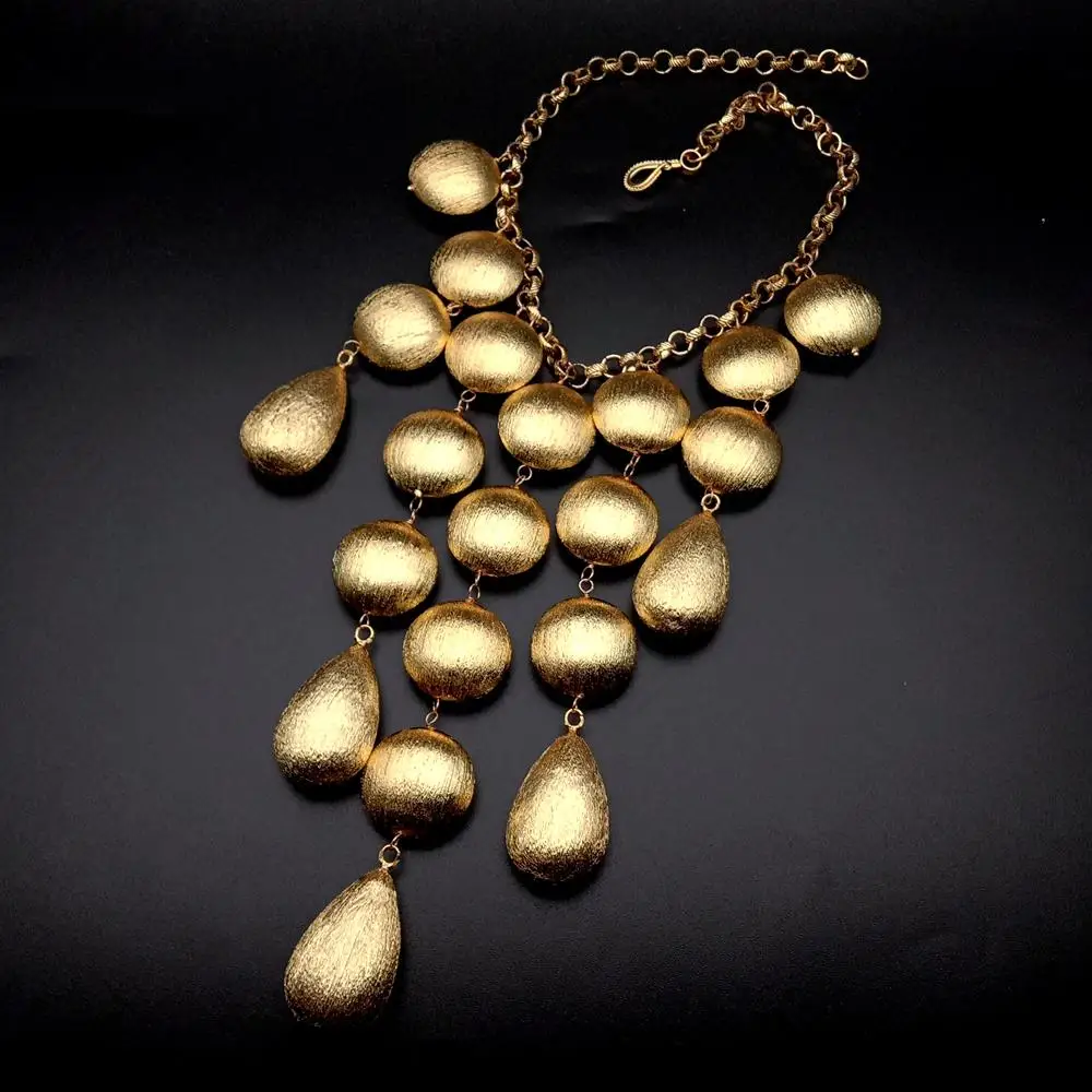 KKGEM  26mm Coin & 23x38mm Teardrop Gold Plated Brushed Bead Festoon Necklace For Women Jewelry Statement Necklace