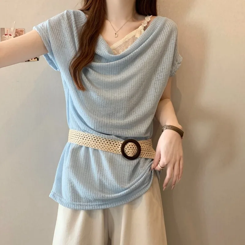 Women's Lace Patchwork Fake Two Piece Slash Neck T-Shirts with Waistbelt Lady Summer Graceful Blue Short Sleeve 2025 New Tops